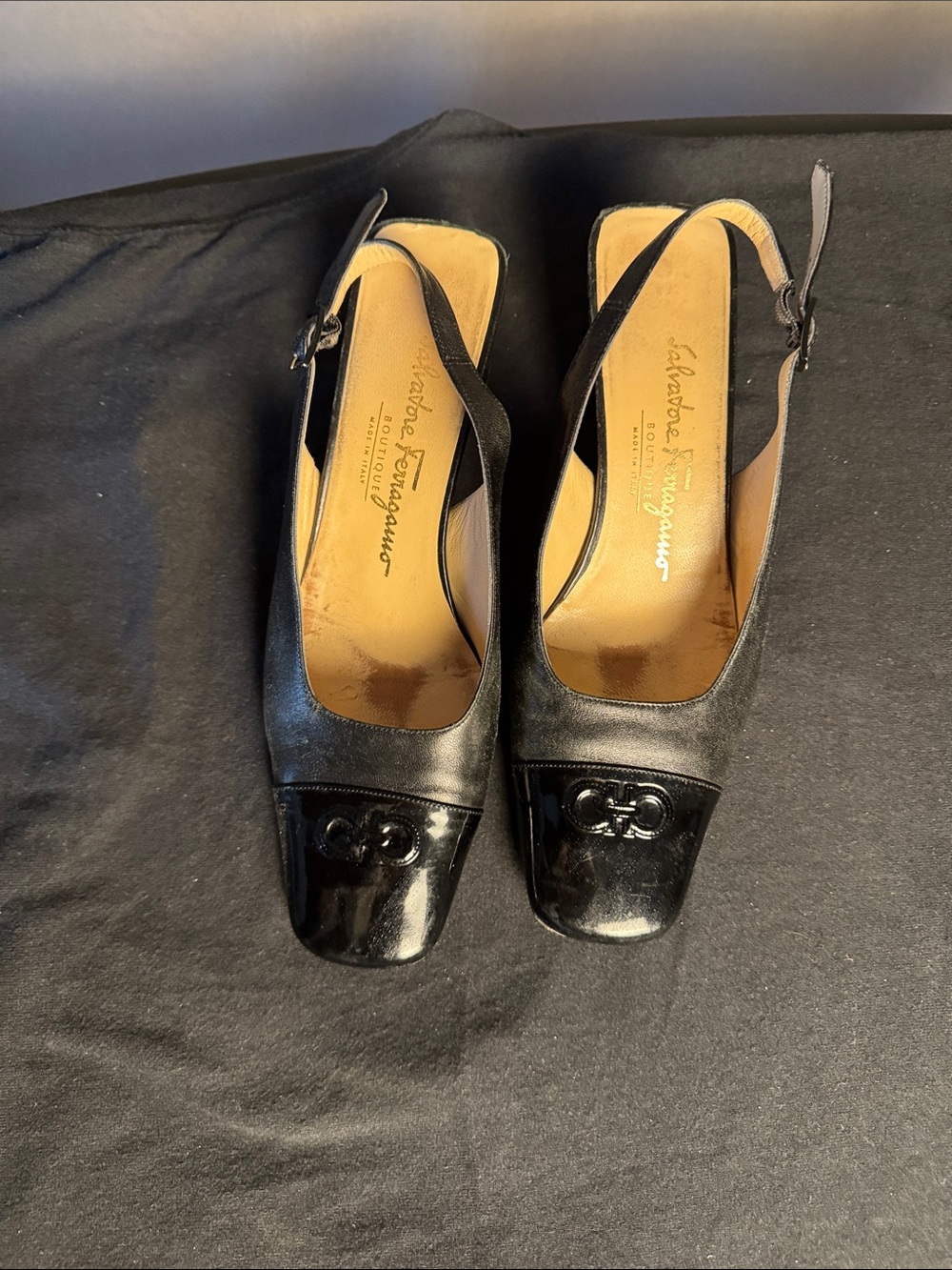 Salvatore Ferragamo Black Leather Slingback Pumps with Patent Toe